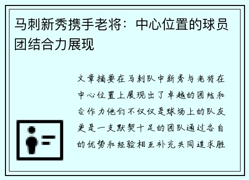 马刺新秀携手老将：中心位置的球员团结合力展现